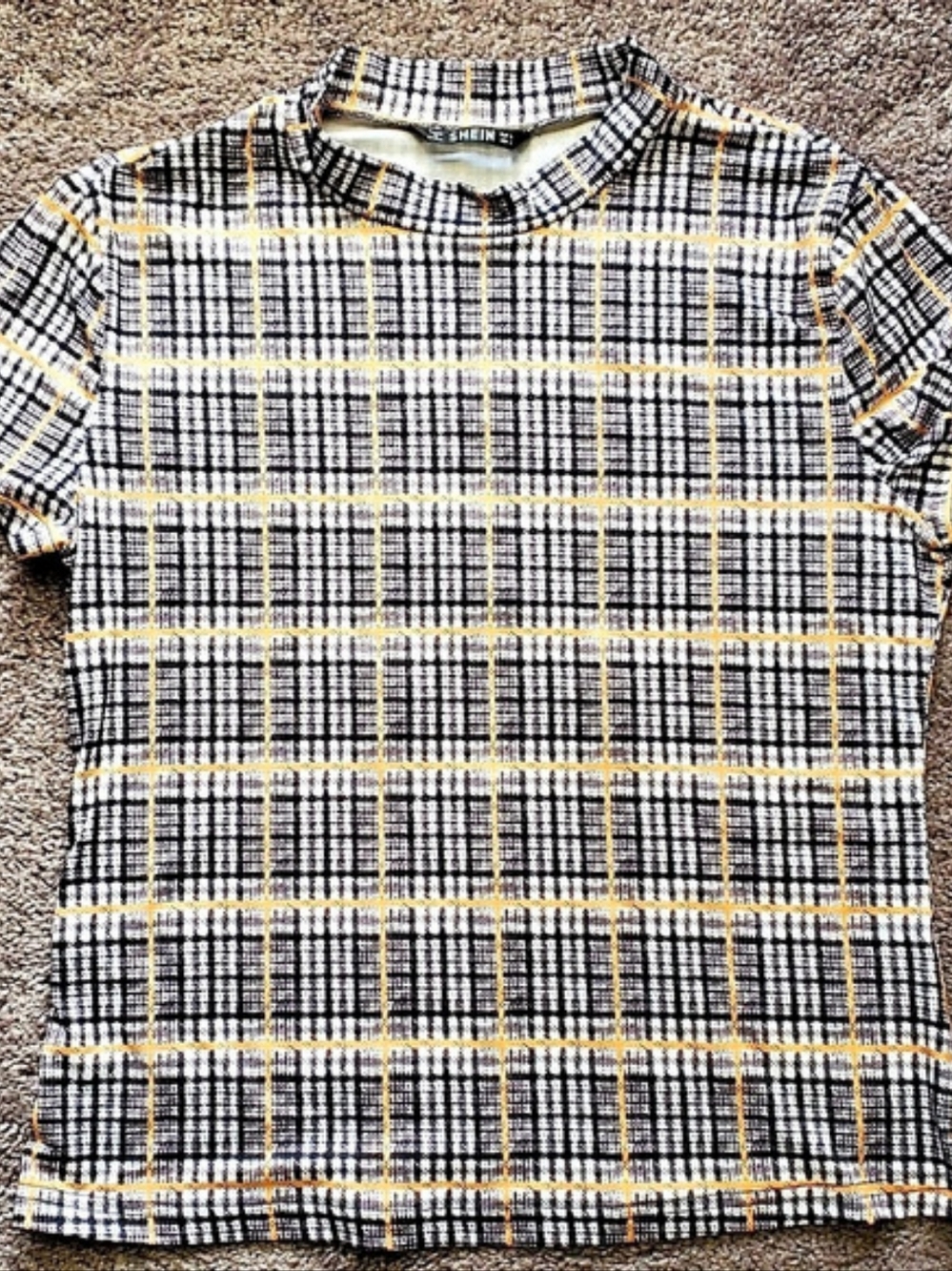 SHEIN Plaid Short Sleeve Top in Black & White Size Large